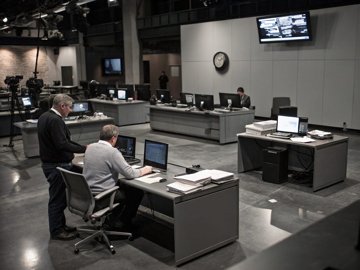 High-contrast black and white newsroom atmosphere